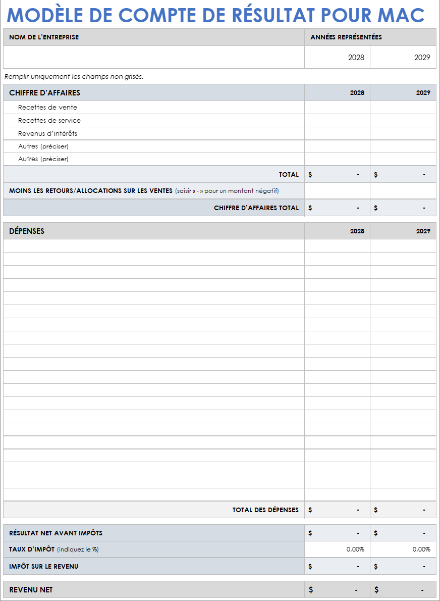 Modèle de compte de résultat pour Mac