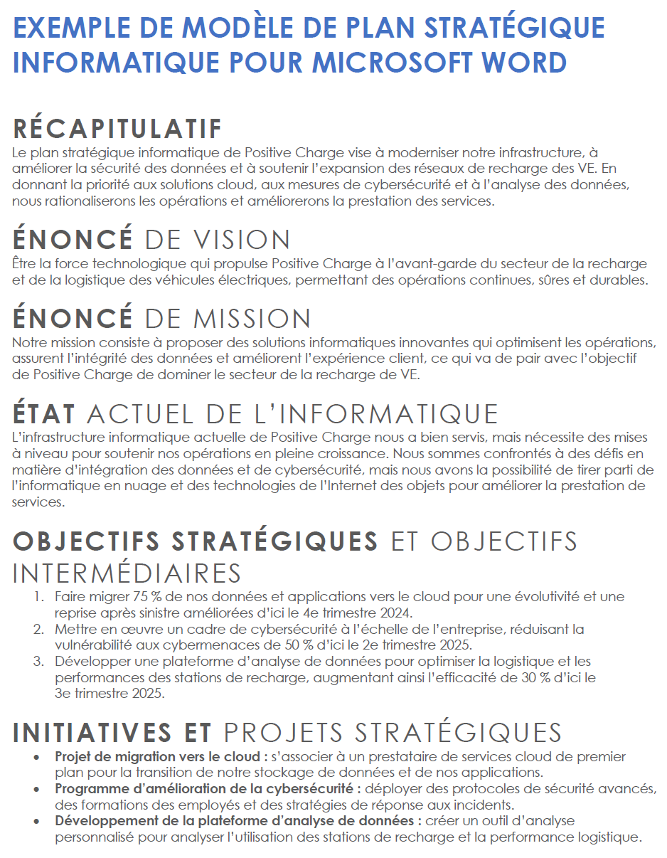 Exemple de modèle de plan stratégique des technologies de l’information pour Microsoft Word