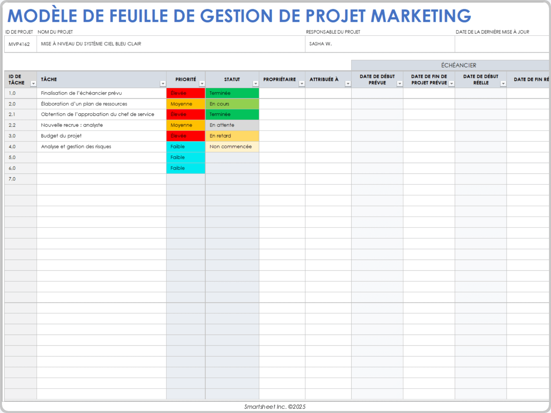 Modèle de feuille de calcul de gestion de projet marketing