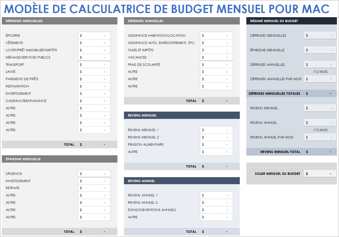 Modèle de calculatrice de budget mensuel pour Mac