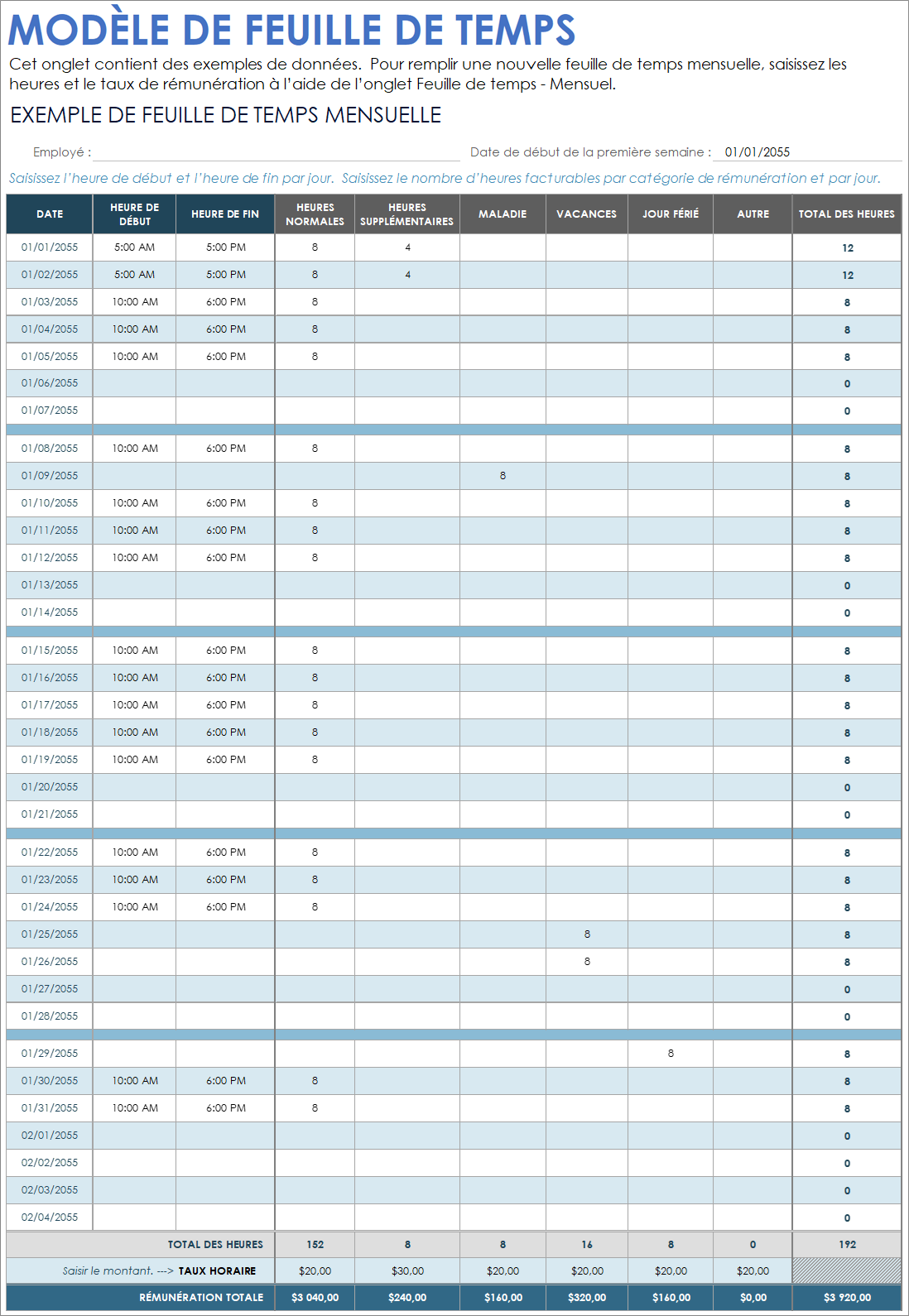 Modèle de feuille de temps mensuelle