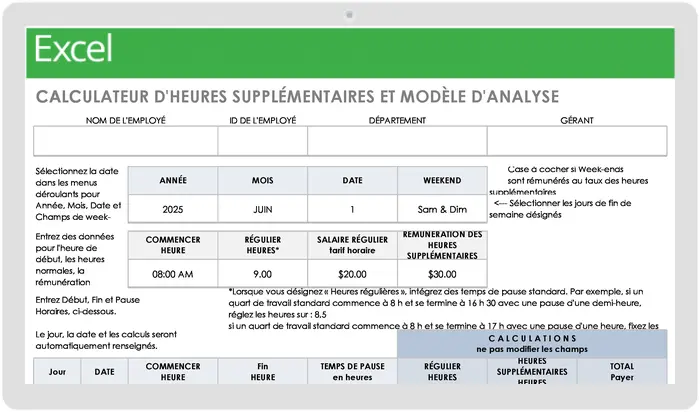 Modèle d’analyse et calculateur d’heures supplémentaires