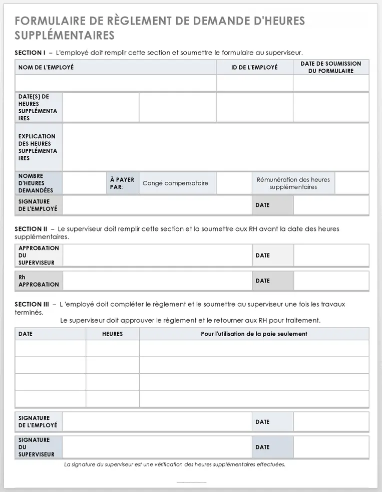 Modèle de formulaire de règlement des demandes d’heures supplémentaires