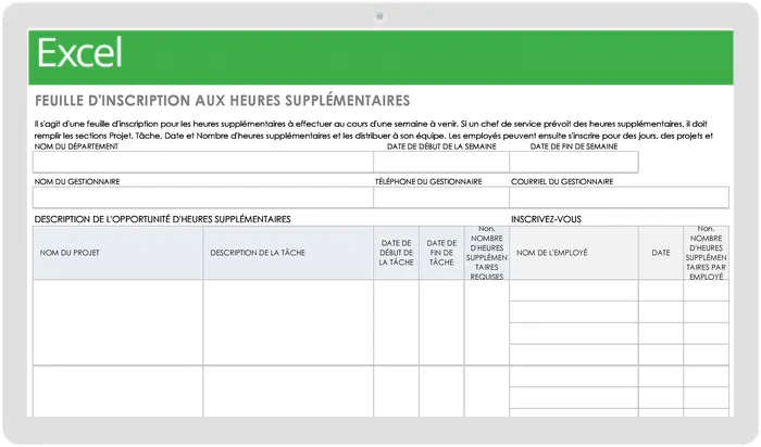 Modèle de feuille d’inscription aux heures supplémentaires