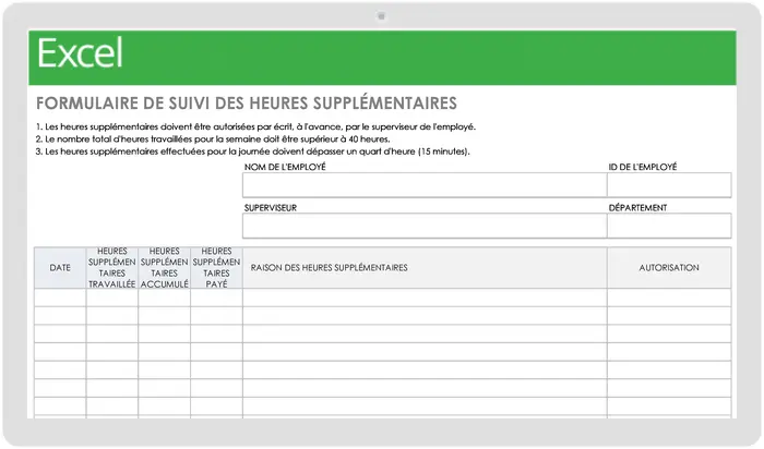 Modèle de formulaire de suivi des heures supplémentaires