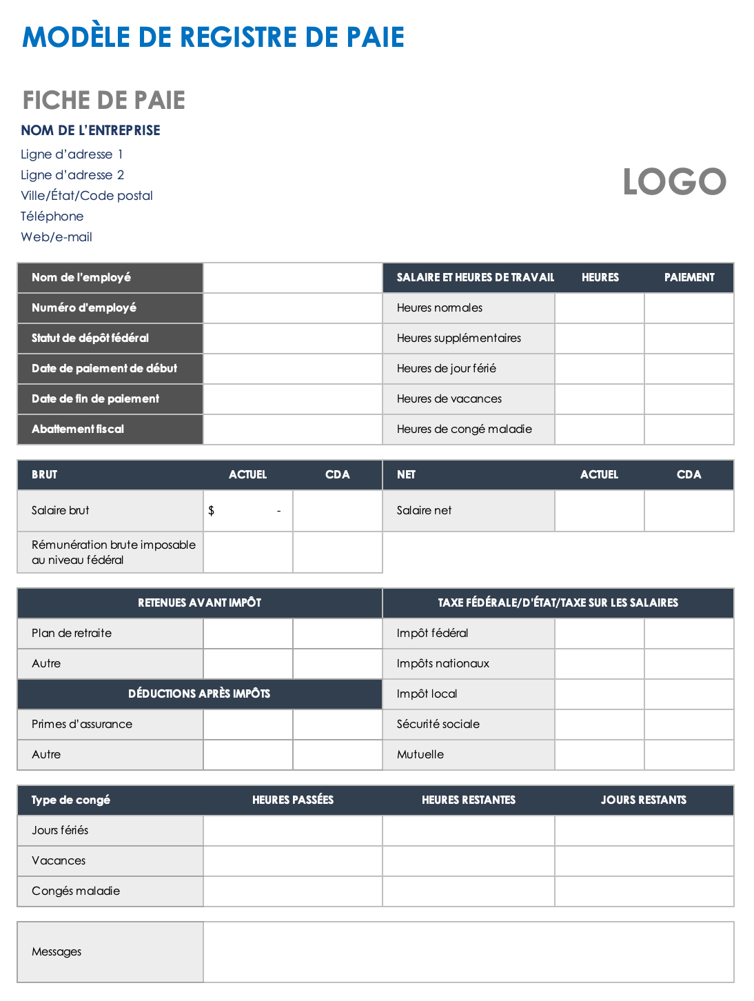 Modèle de registre de paie