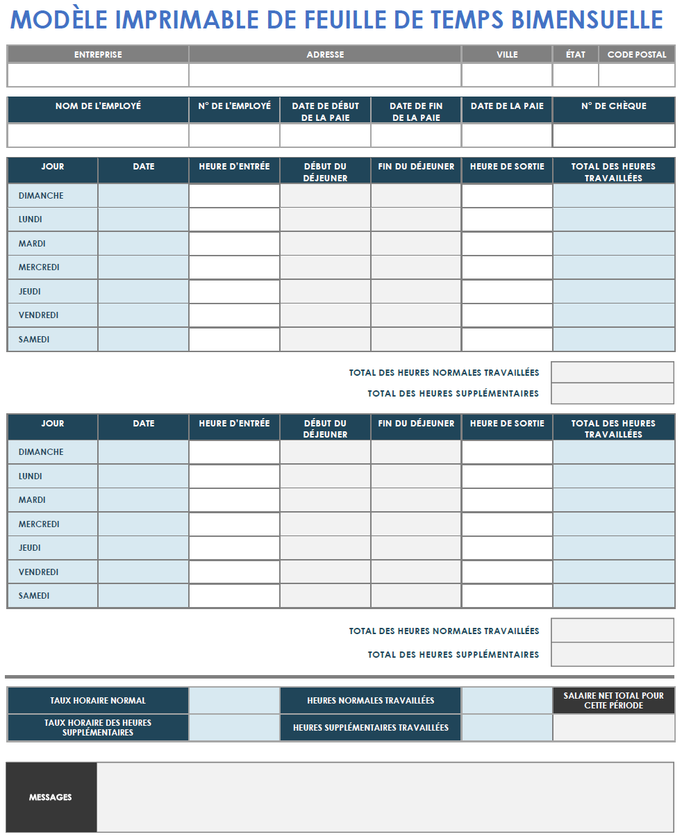  Modèle de feuille de temps imprimable bihebdomadaire