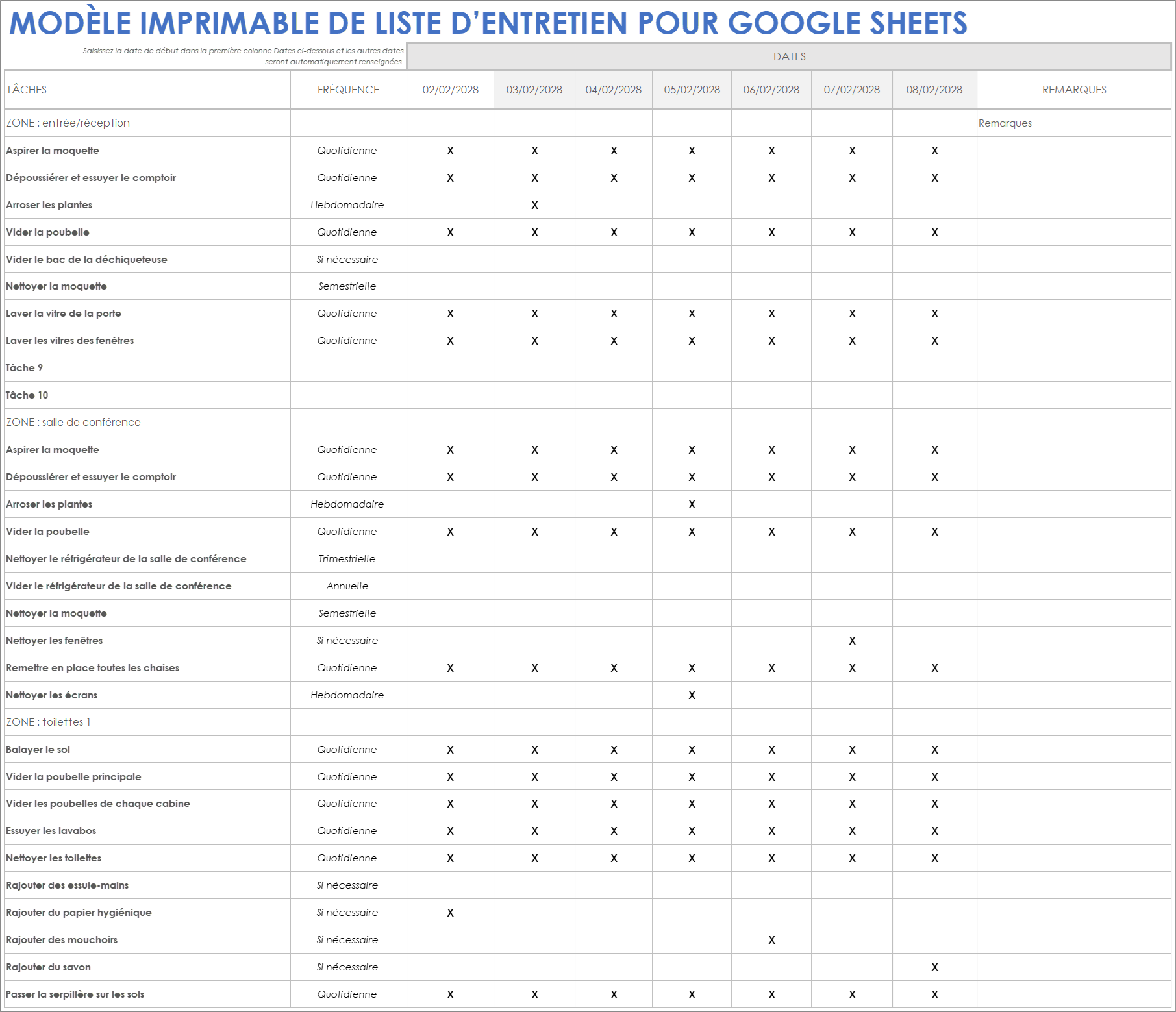 Modèle de liste de contrôle de nettoyage imprimable pour Google Sheets