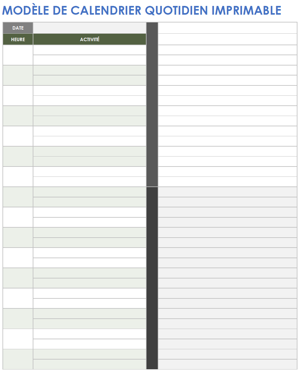 Modèle de calendrier quotidien imprimable