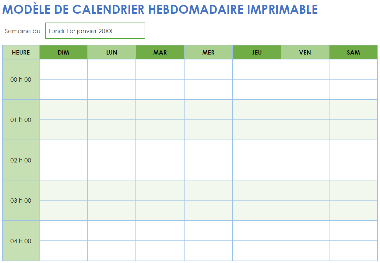 Modèle de calendrier hebdomadaire imprimable (format paysage)