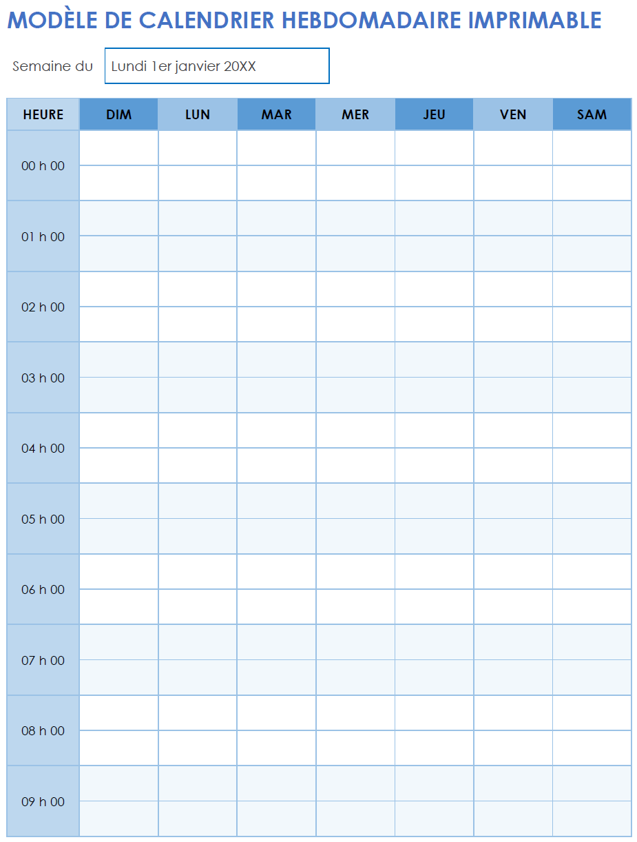 Modèle de calendrier hebdomadaire imprimable (format portrait)