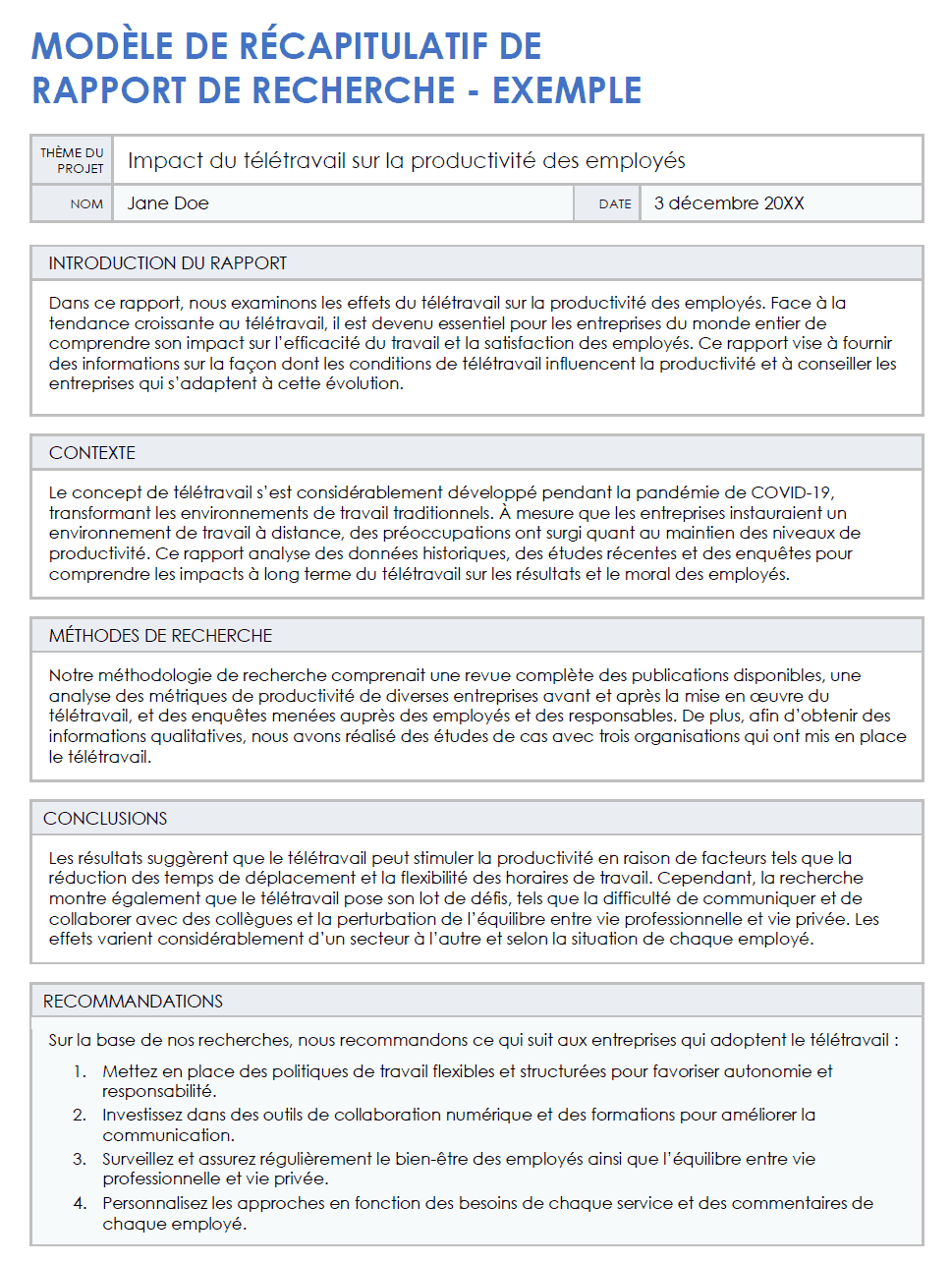 Exemple de modèle de résumé de rapport de recherche