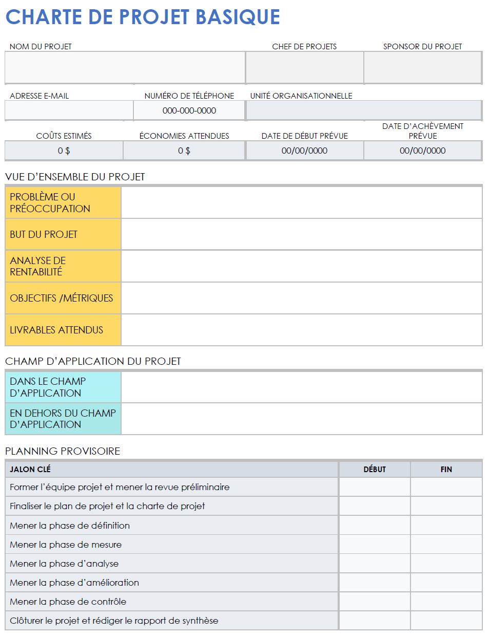 Modèle basique de charte de projet pour Microsoft Word