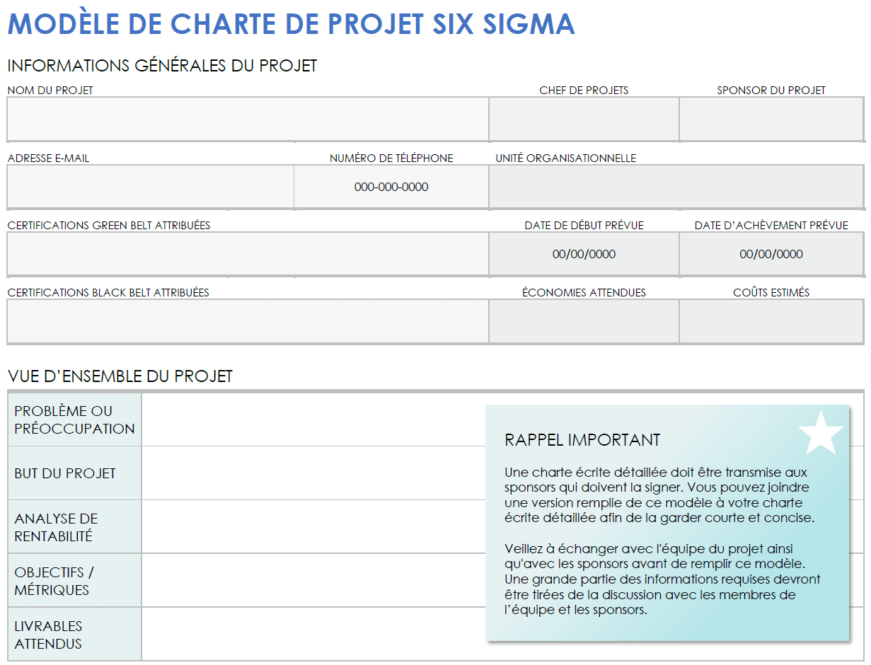 Modèle de charte de projet Six Sigma pour Microsoft Word