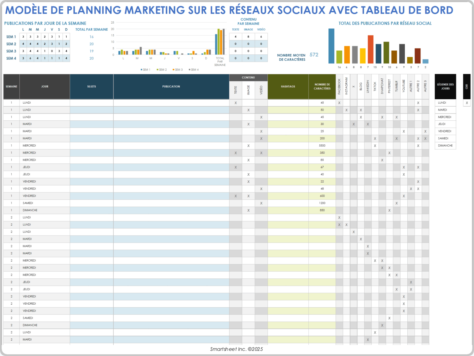 Calendrier de marketing sur les réseaux sociaux avec modèle de tableau de bord