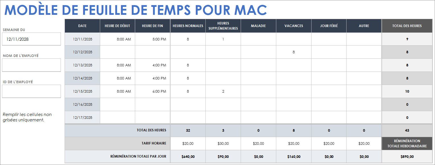 Modèle de feuille de temps pour Mac