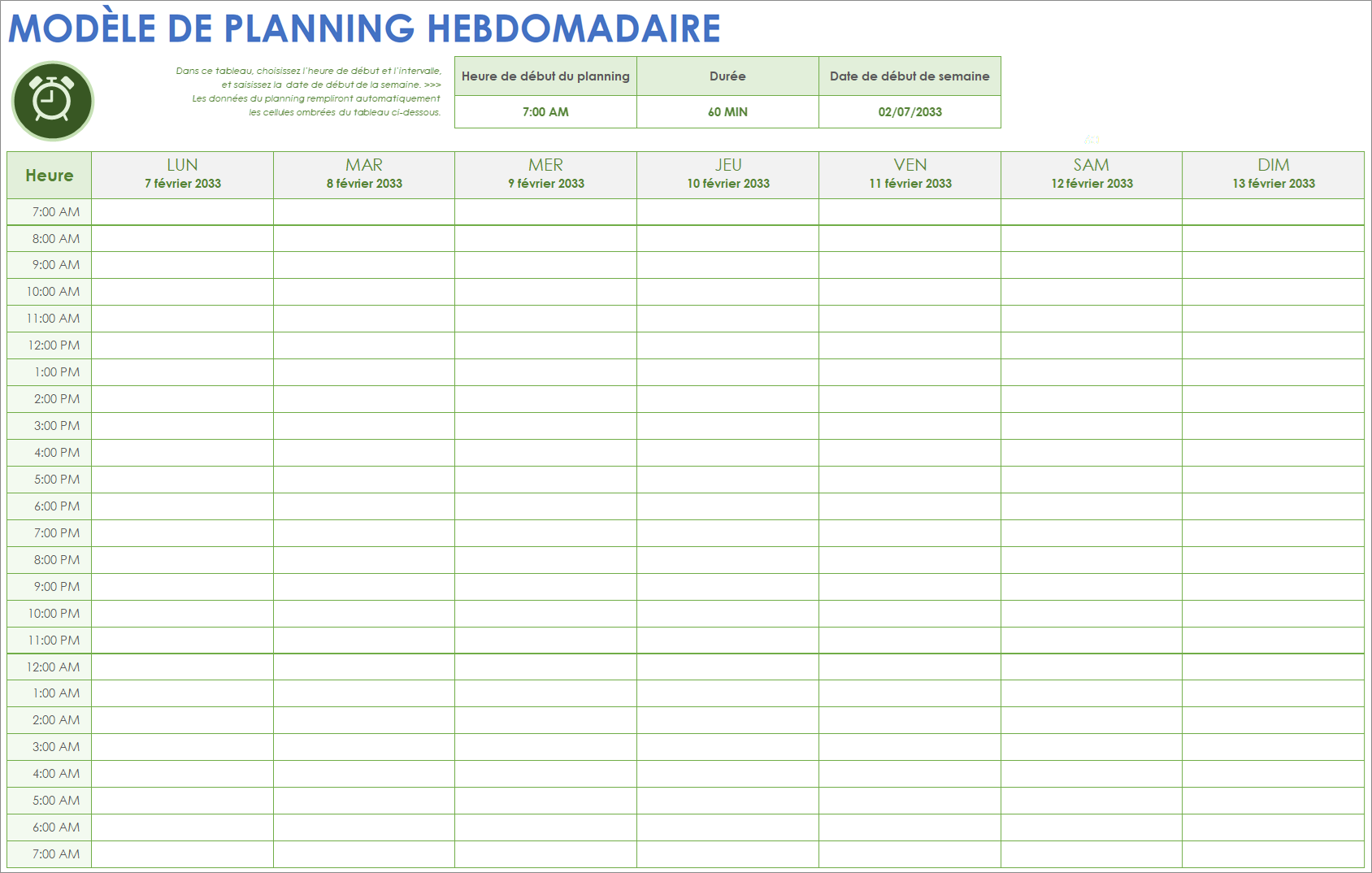 Modèle de planning hebdomadaire