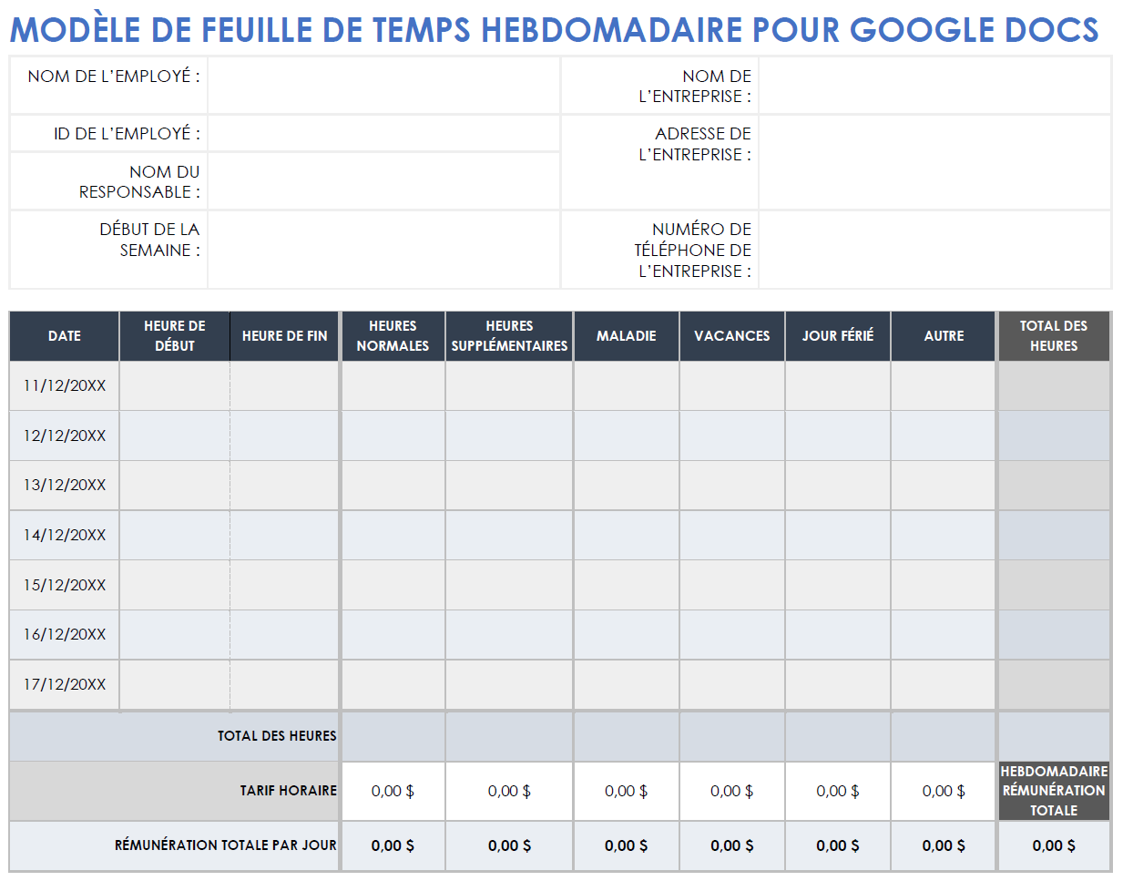 Modèle de feuille de temps hebdomadaire