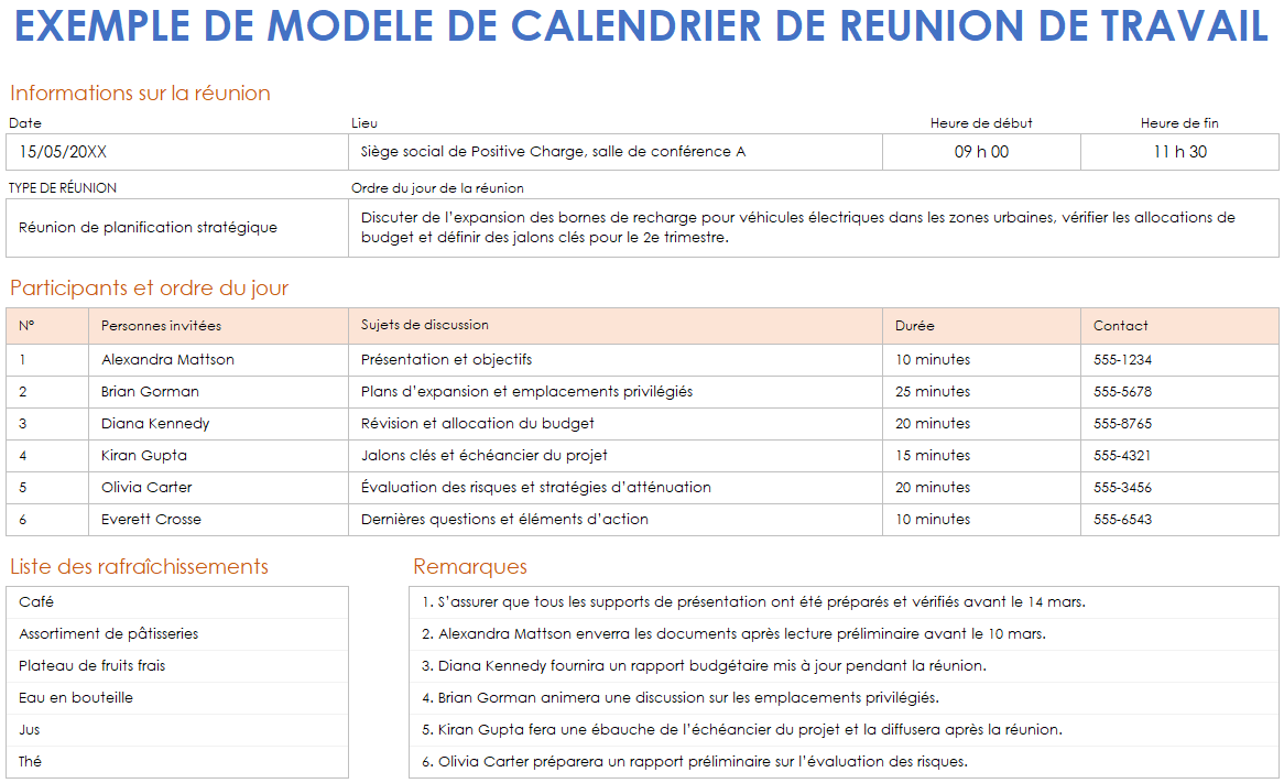 Exemple de modèle de calendrier de réunion de travail