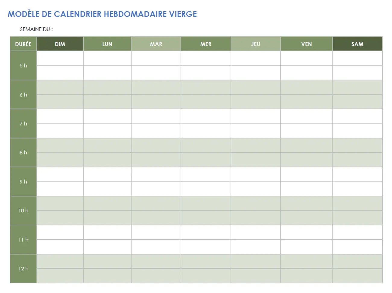 Modèle de calendrier hebdomadaire vierge au format horizontal