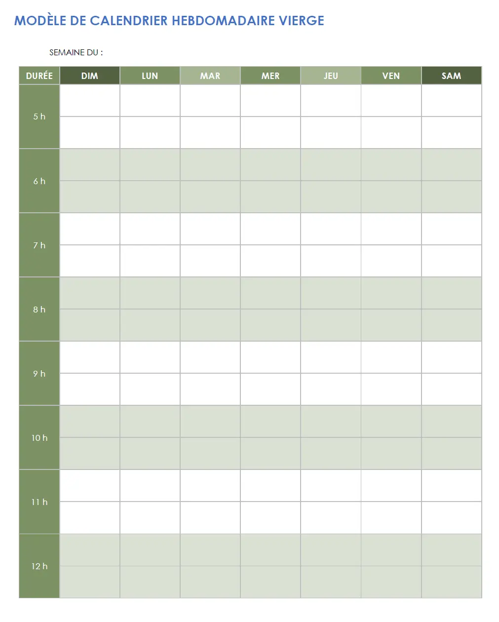 Modèle de calendrier hebdomadaire vierge au format vertical