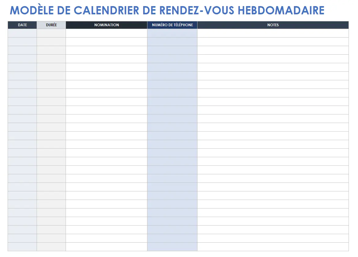 Modèle de calendrier de rendez-vous hebdomadaire