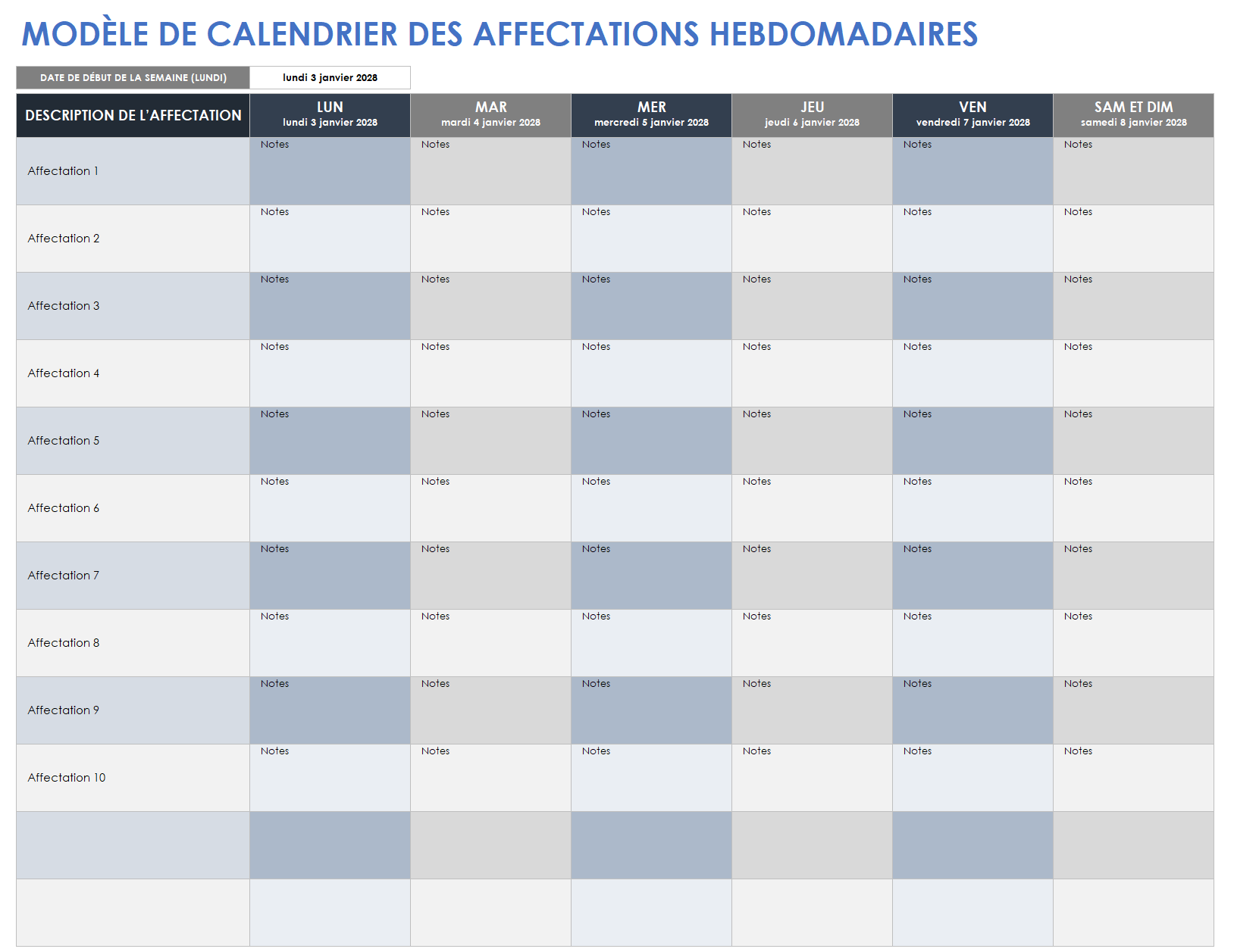 Modèle de planning de tâches hebdomadaires