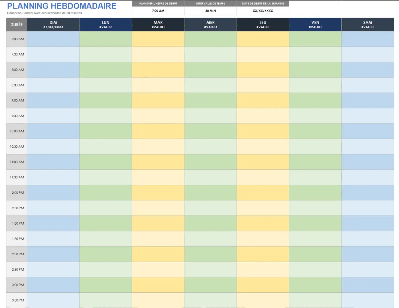 Modèle d'horaire hebdomadaire du dimanche au samedi avec des intervalles de 30 minutes