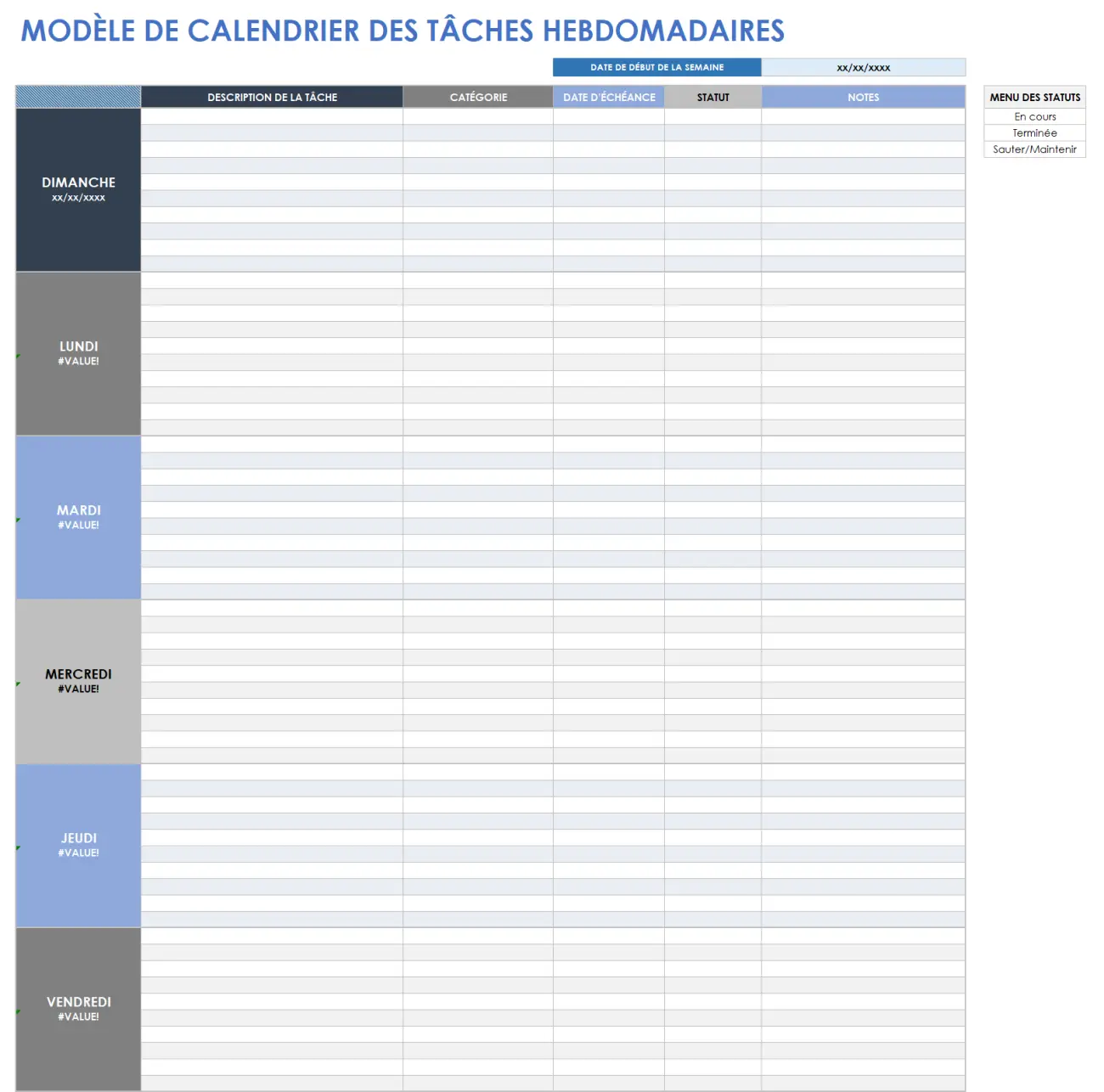 Modèle de planning de tâches hebdomadaires