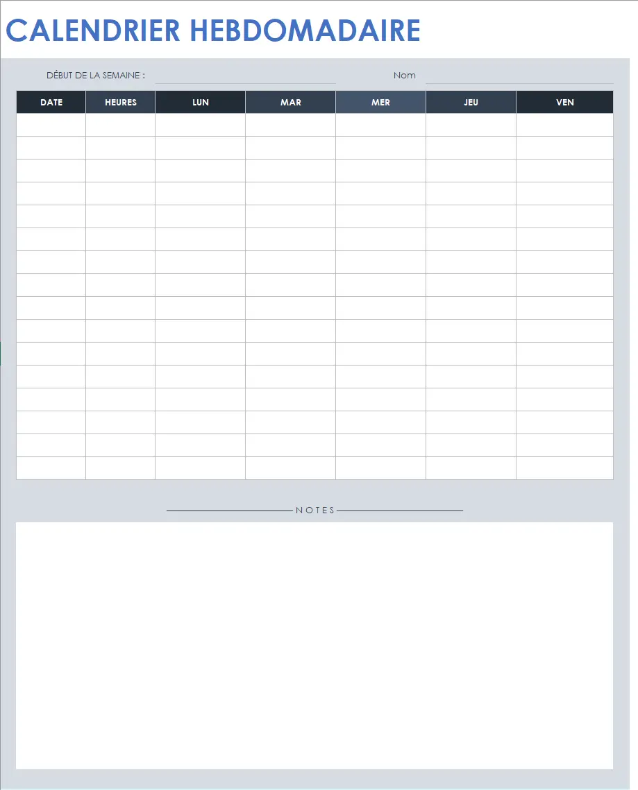 Modèle d'horaire de travail de 5 jours avec notes
