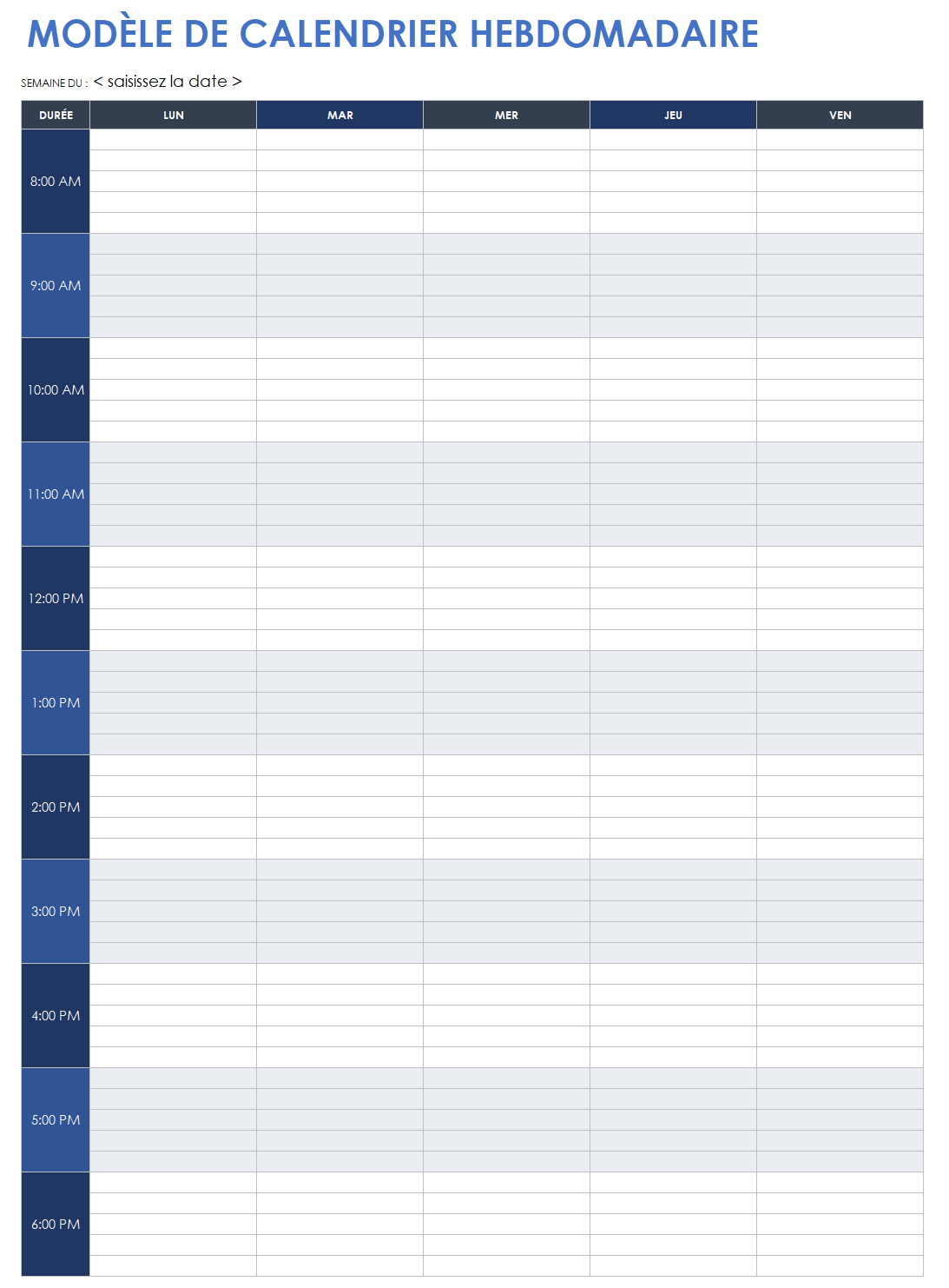 Modèle de calendrier de la semaine de travail