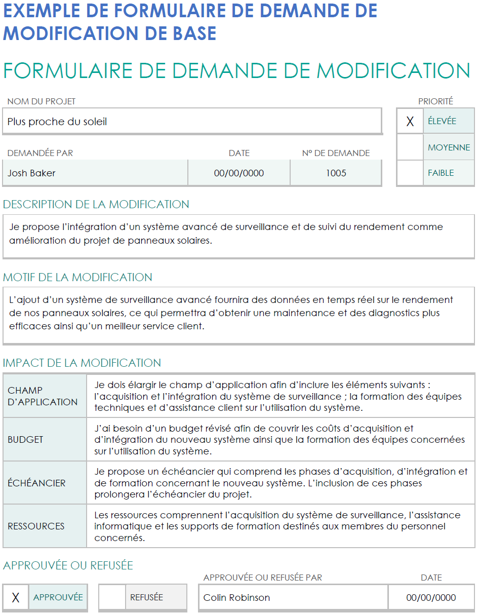 Exemple de formulaire de base de demande de modification