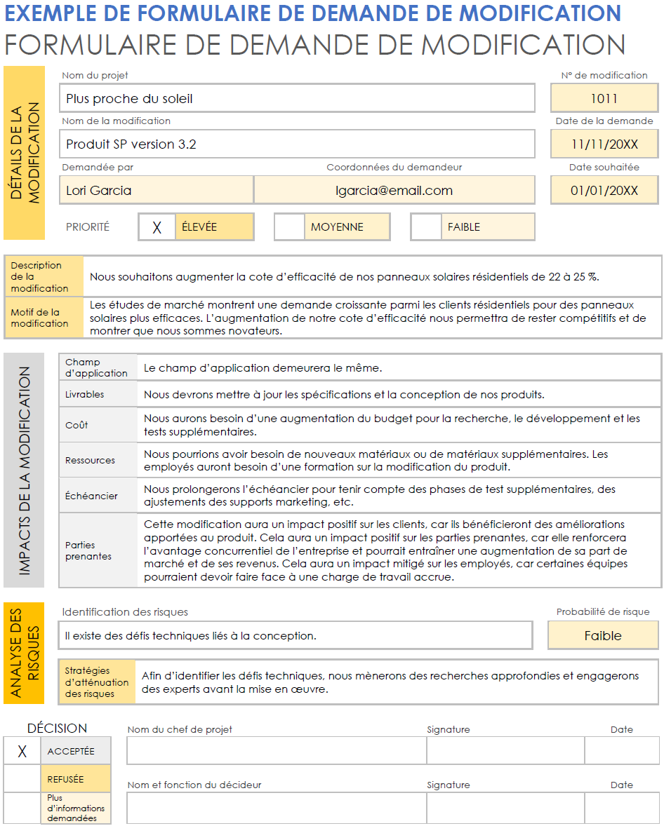 Exemple de modèle de formulaire de demande de modification