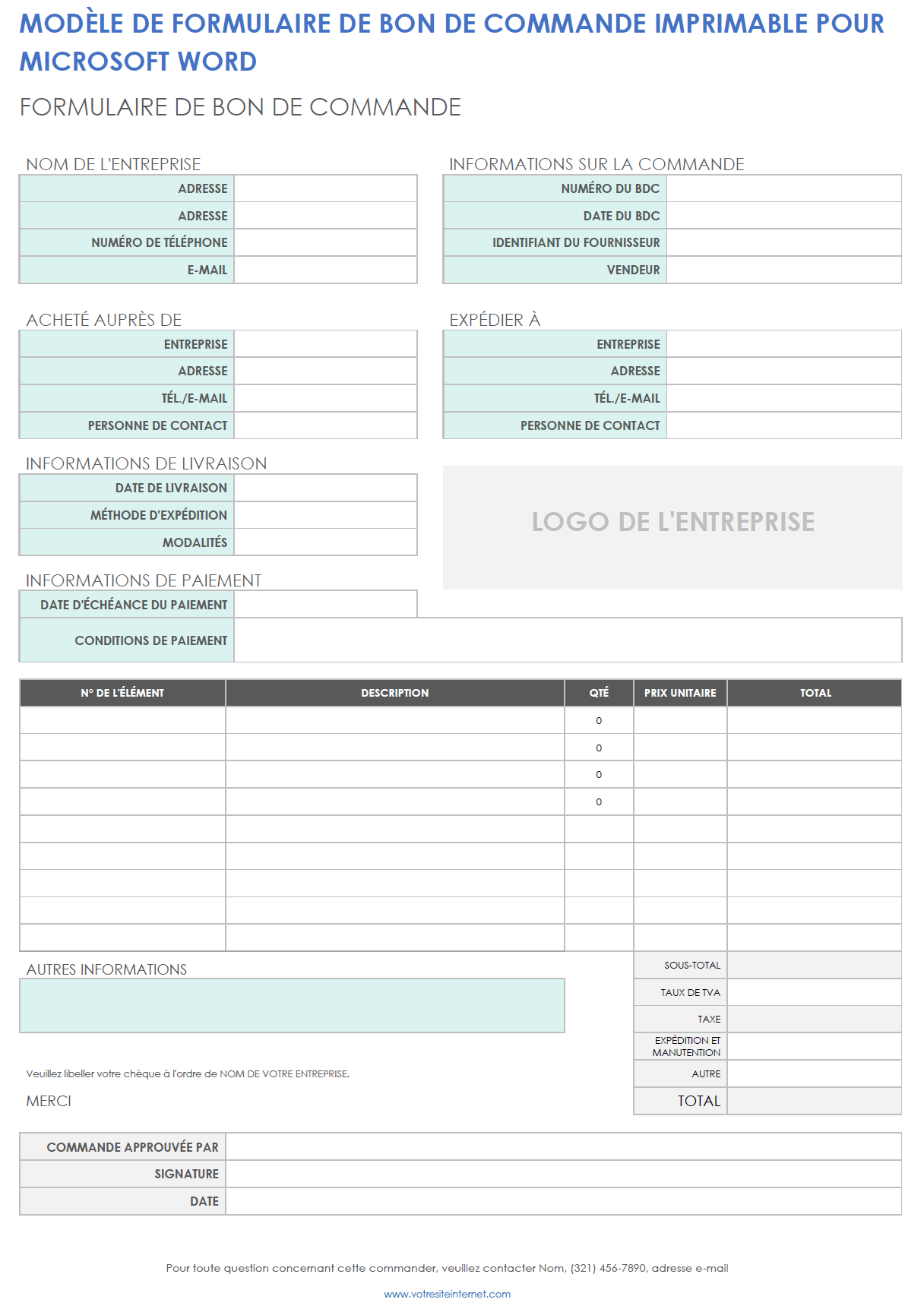 Modèle de formulaire de bon de commande imprimable pour Microsoft Word
