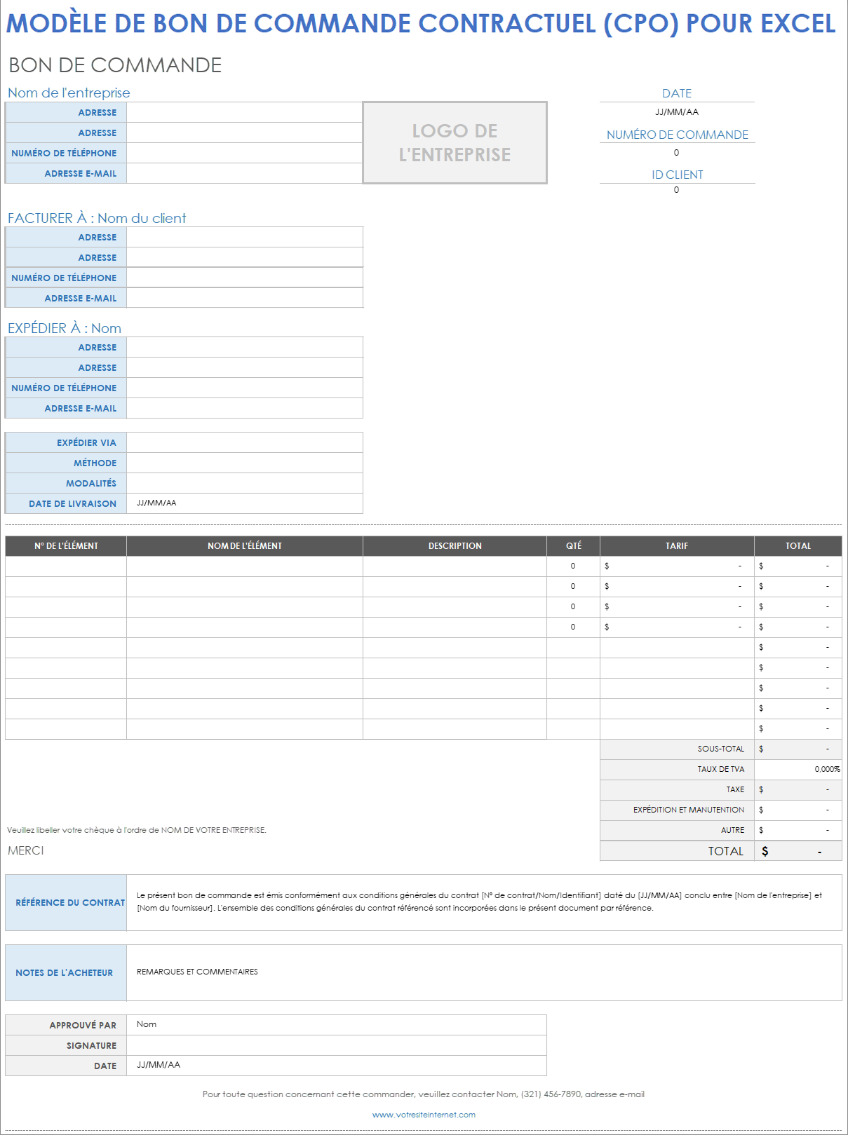  Modèle de bon de commande et de contrat Excel