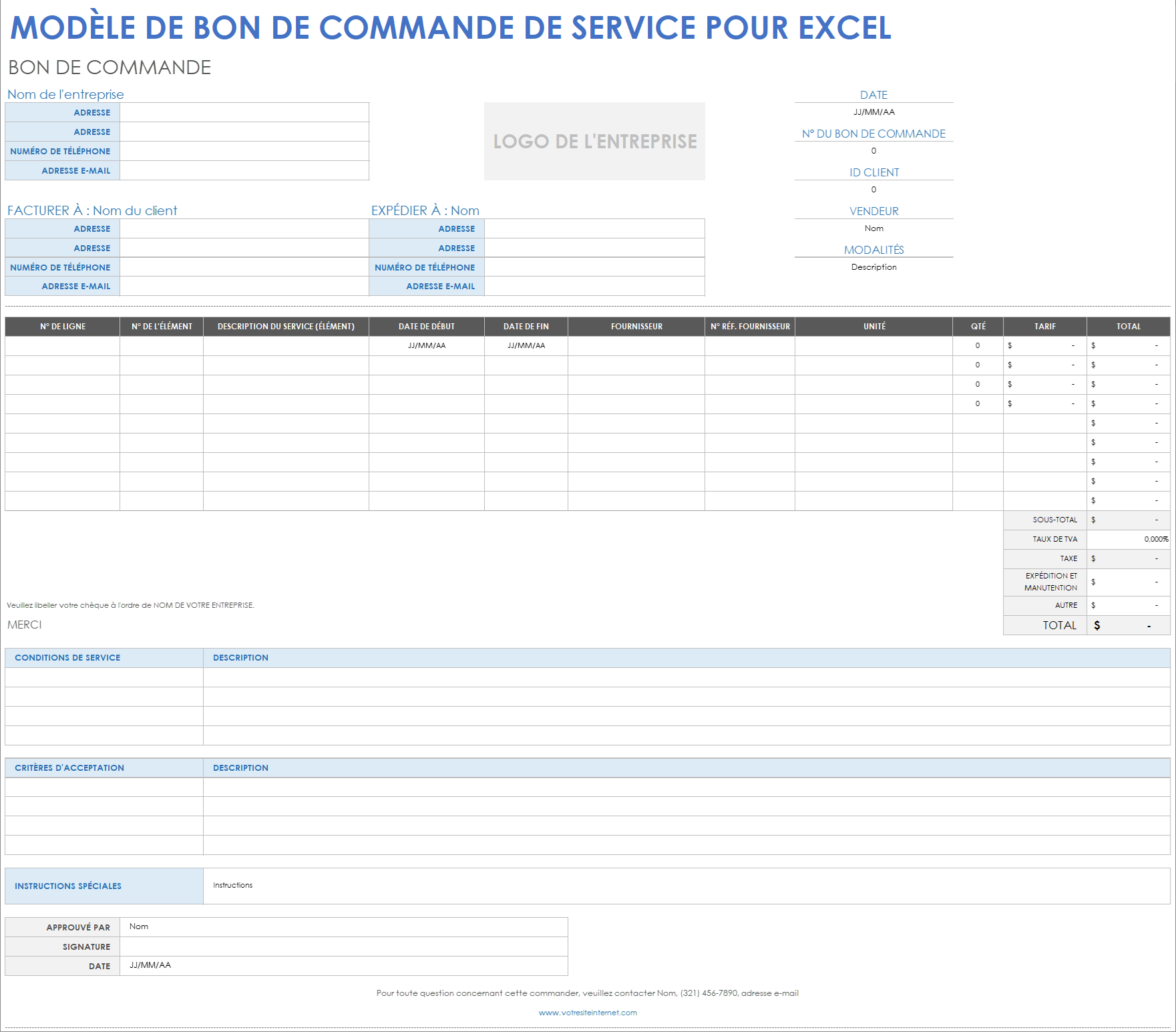  Modèle de bon de commande de service Excel