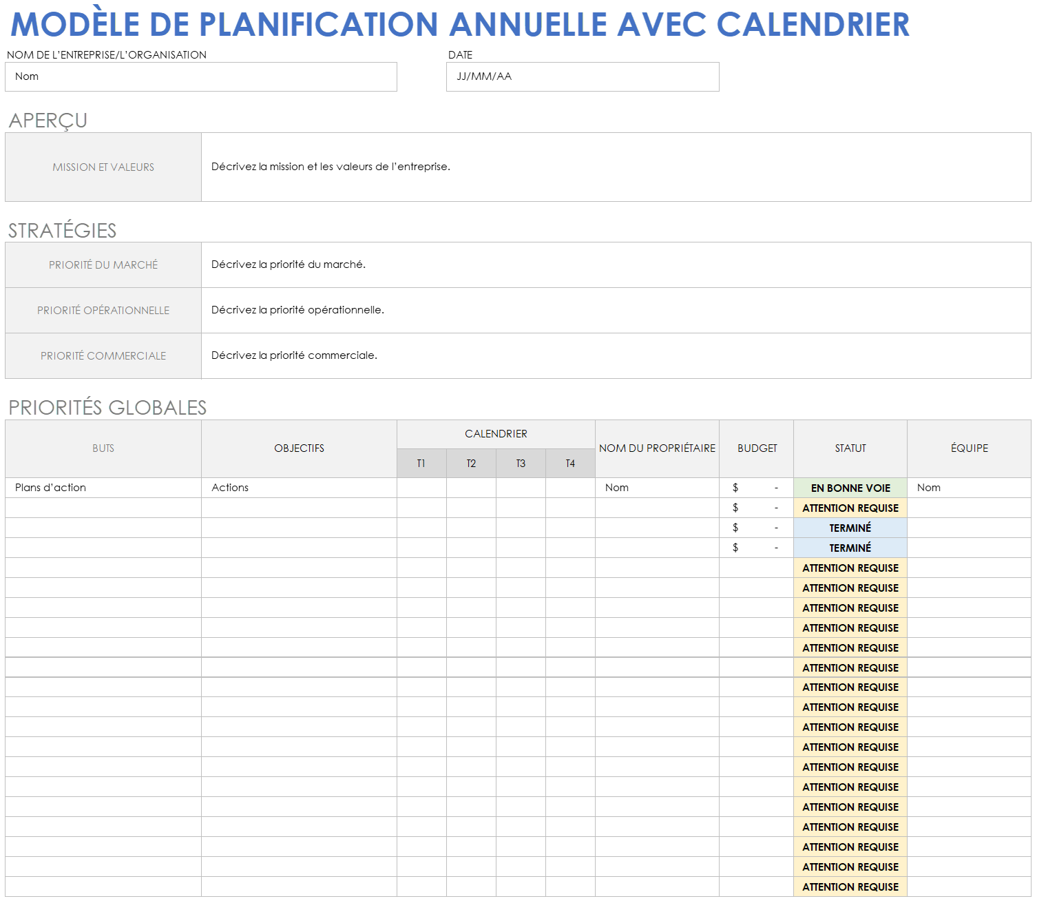 Modèle de planification annuelle avec calendrier