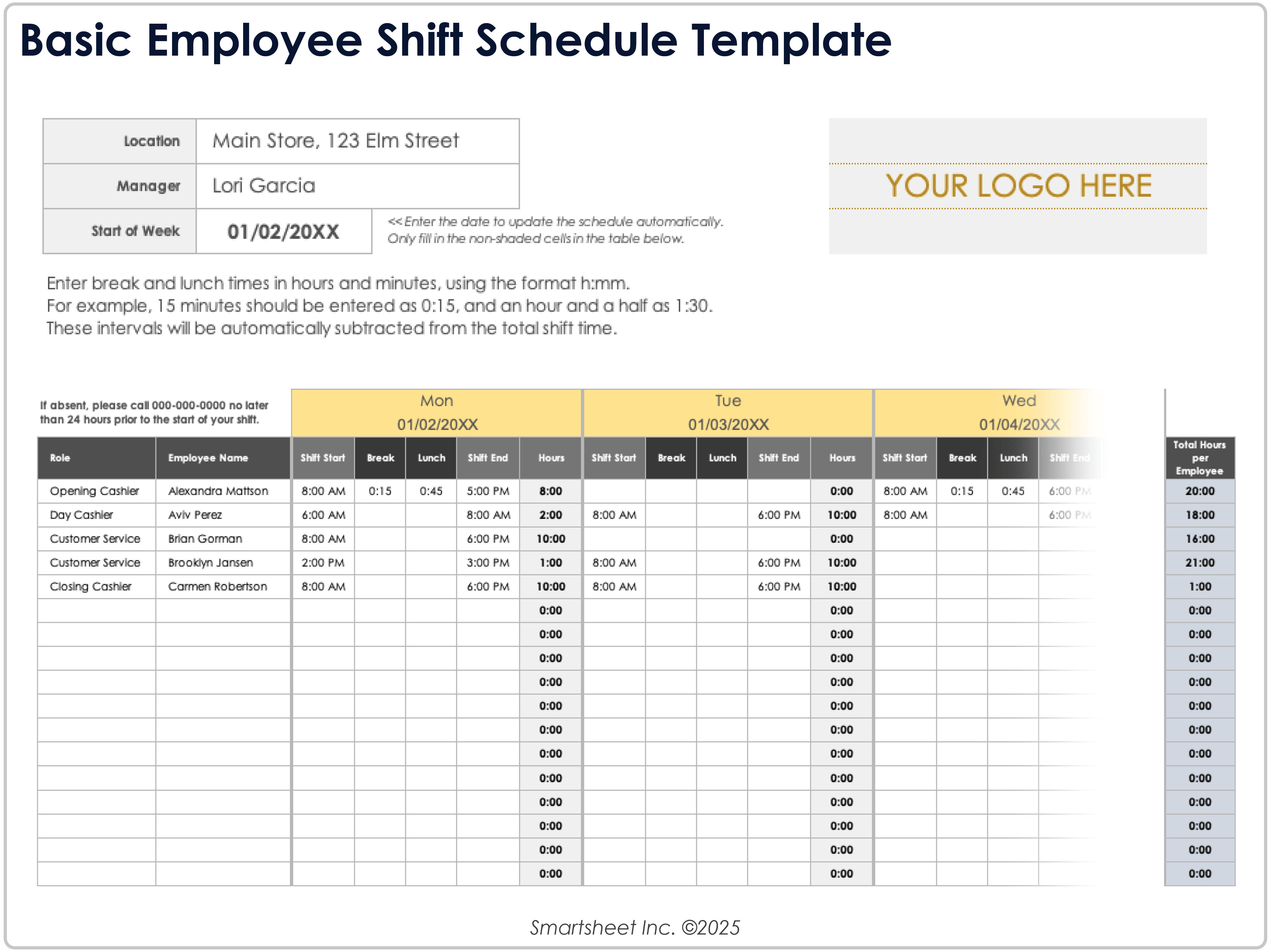 Modèle de base de planning de quart de travail des employés