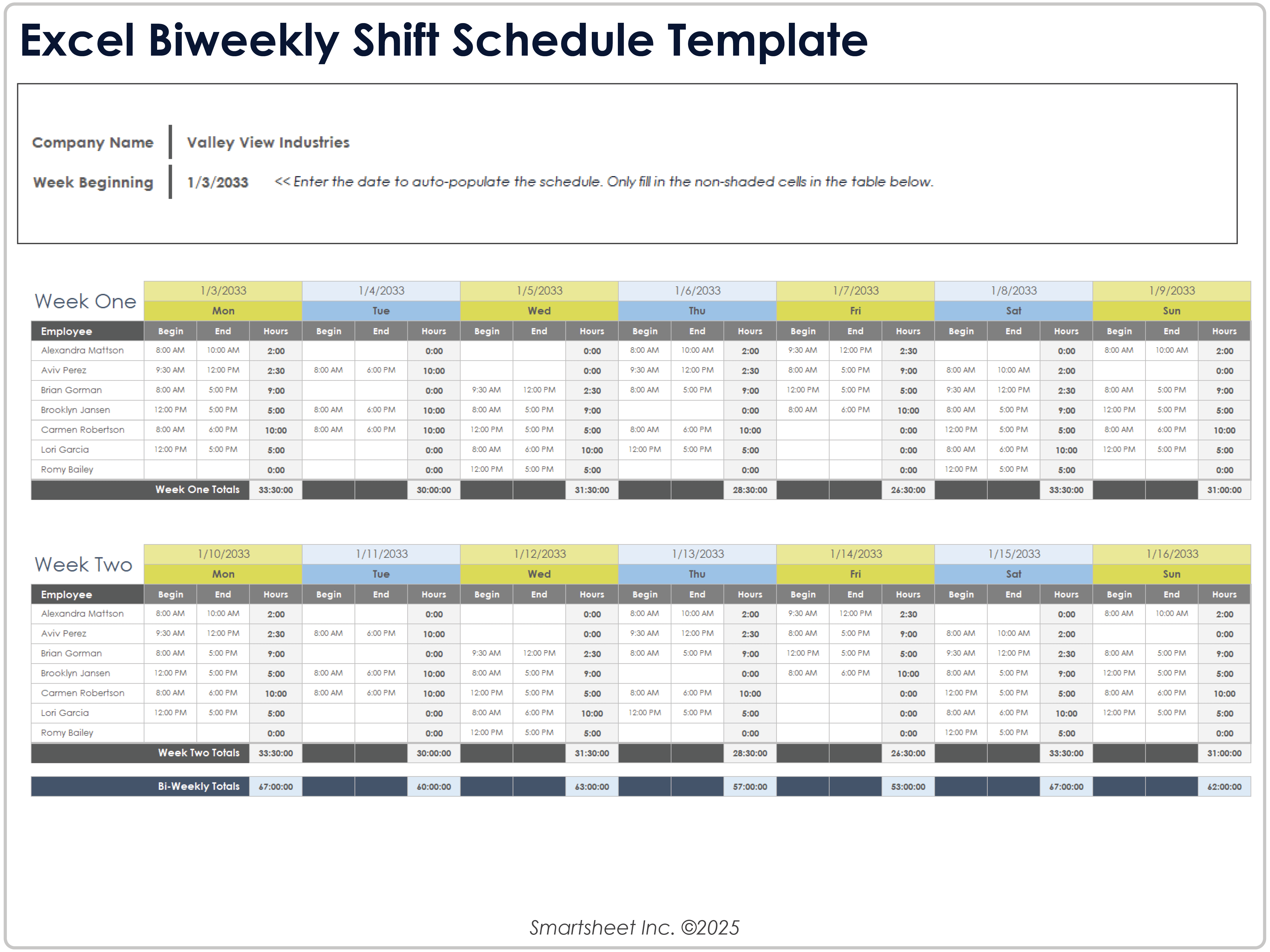 Exemple de modèle de planning de quart bimensuel Excel