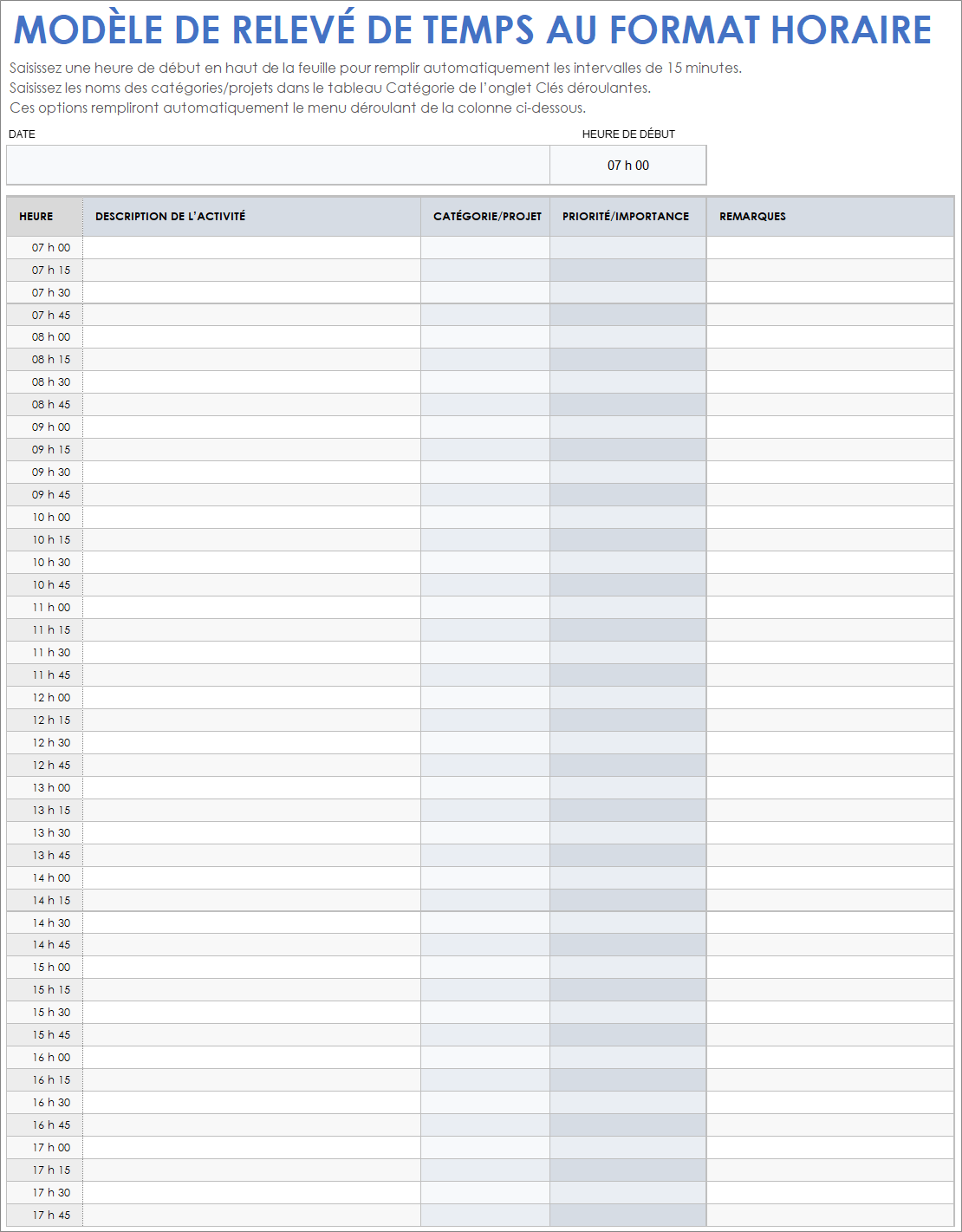 Modèle de relevé de temps horaire