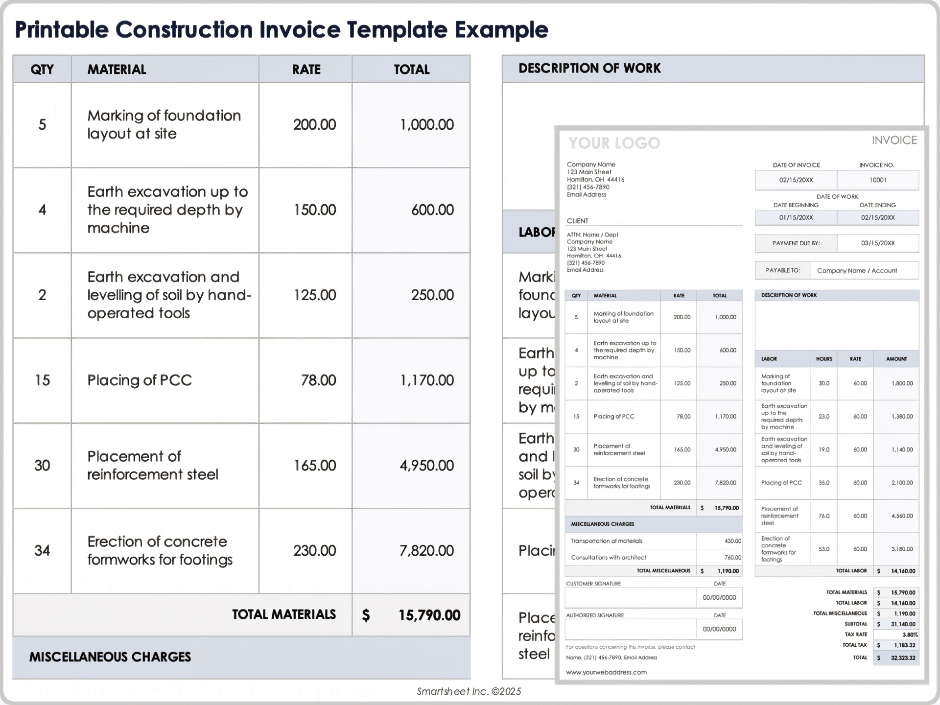 Modèle de facture de construction imprimable Exemple