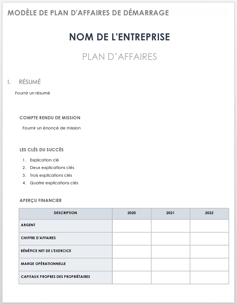 Modèle de plan d'affaires pour start-up