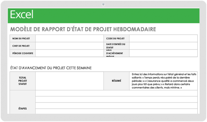 Modèle de rapport hebdomadaire sur l'état d'avancement du projet