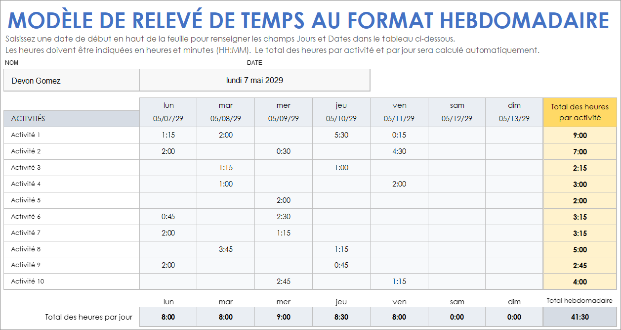 Modèle de relevé de temps au format hebdomadaire