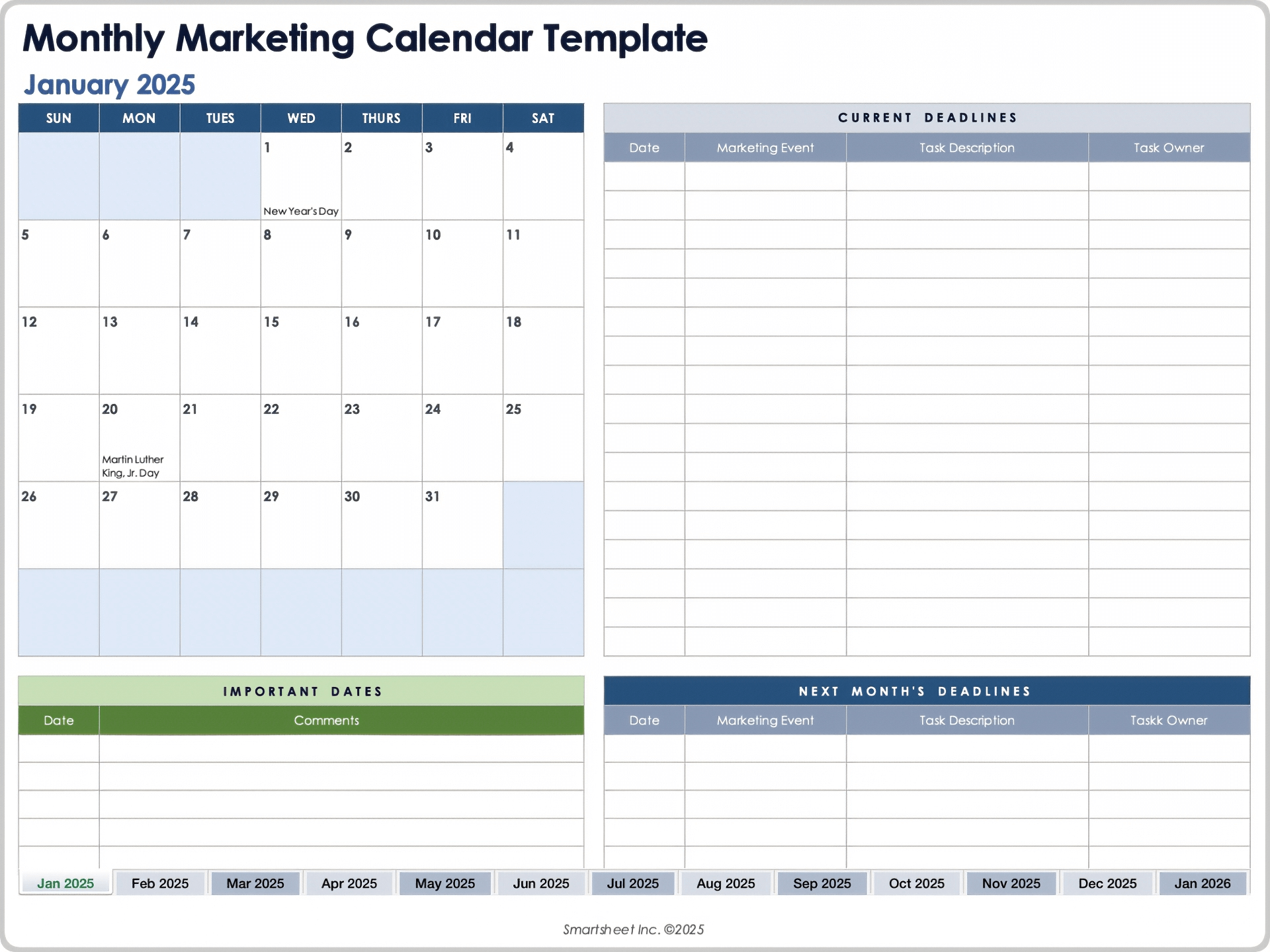 Modèle de calendrier marketing mensuel 2025