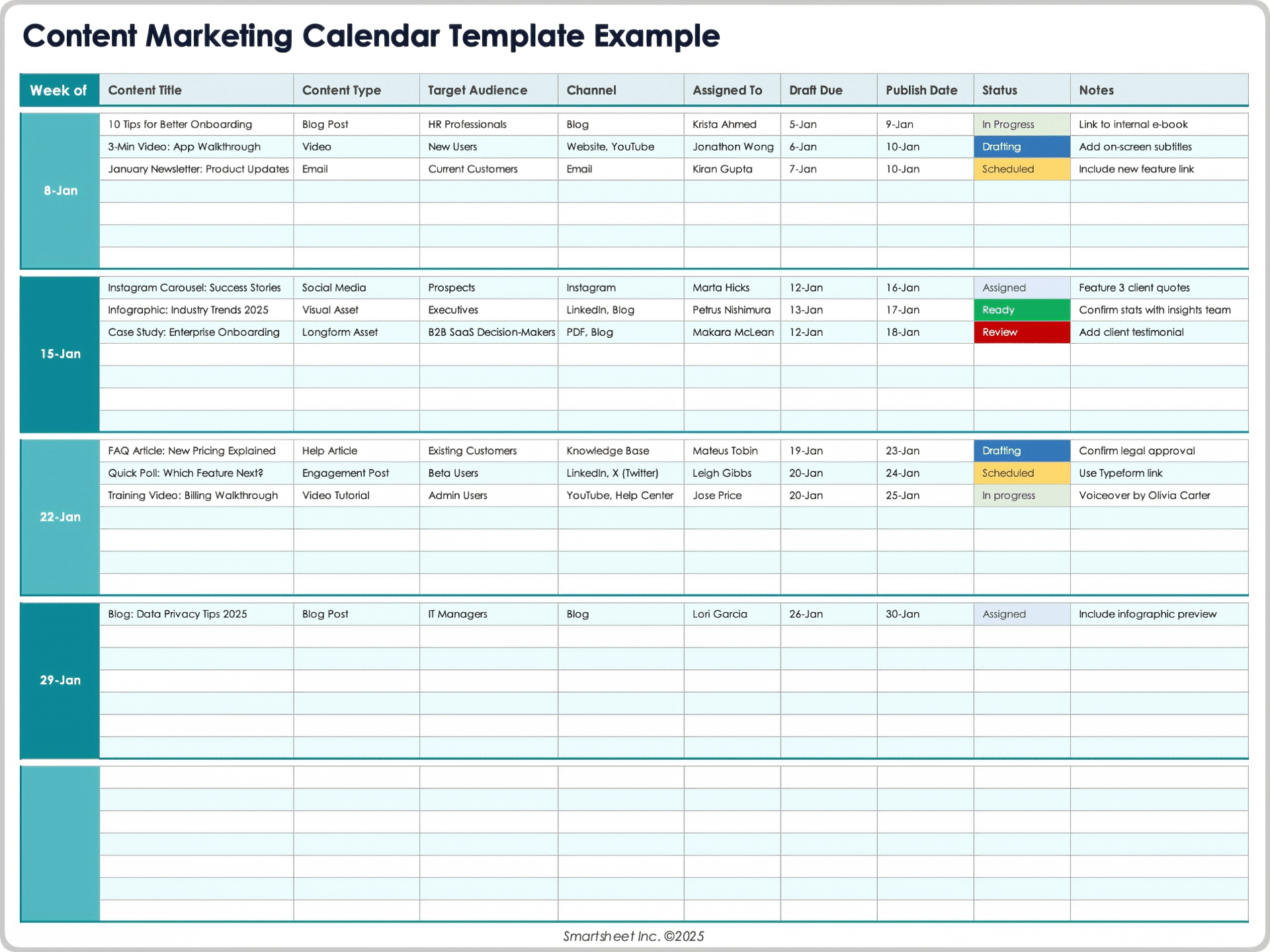 Exemple de modèle de calendrier de marketing de contenu
