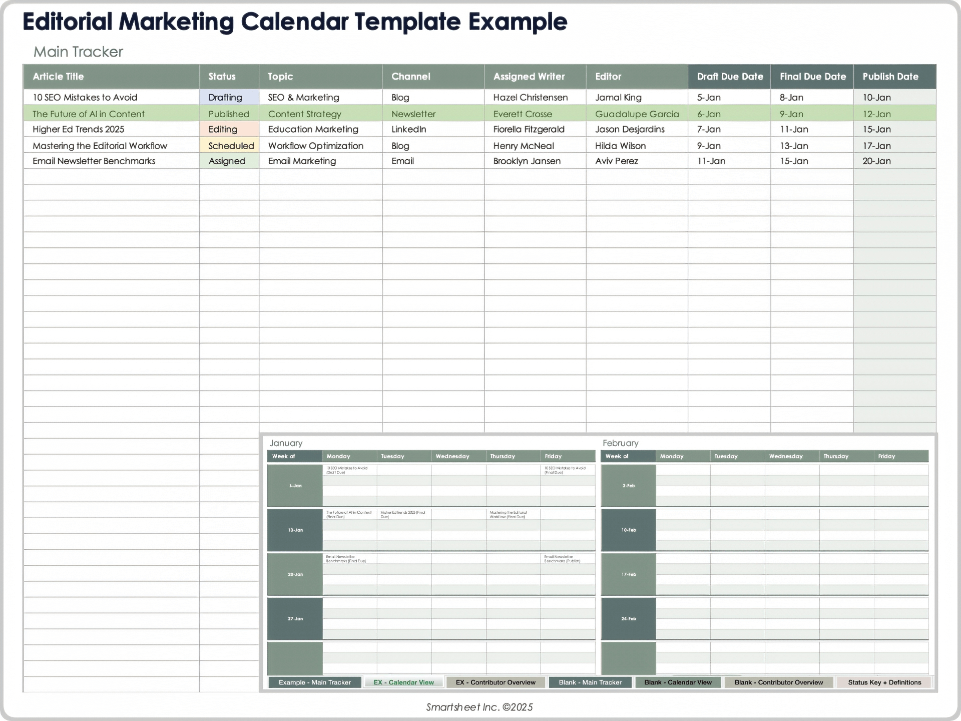 Modèle de calendrier marketing éditorial - exemple