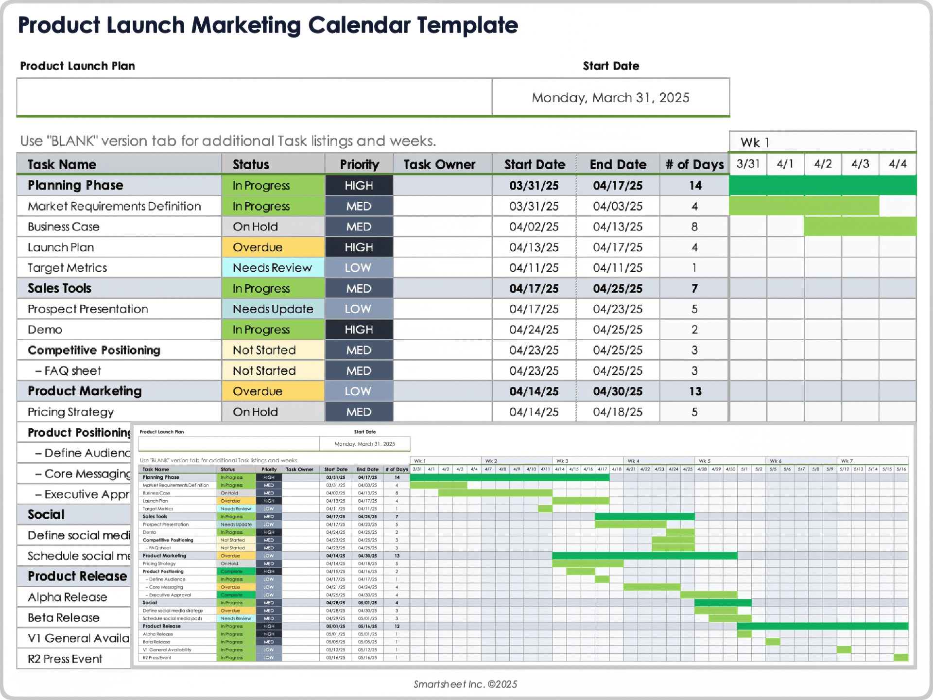 Modèle de calendrier marketing pour le lancement d'un produit