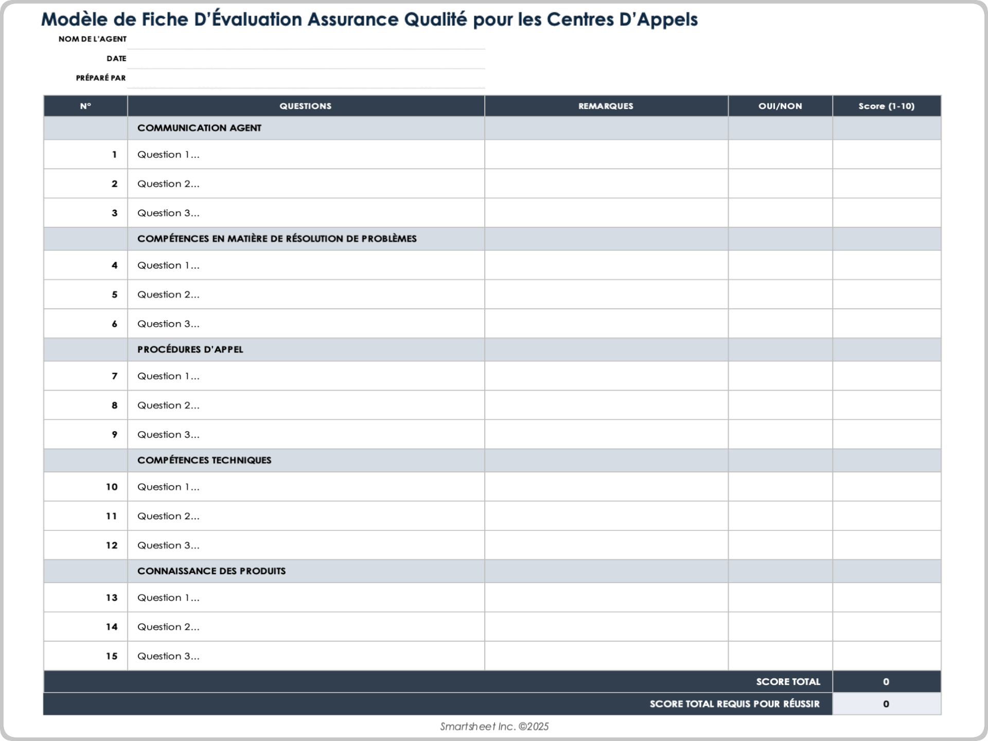 Modèle de fiche d’évaluation d’assurance qualité pour centre d’appels