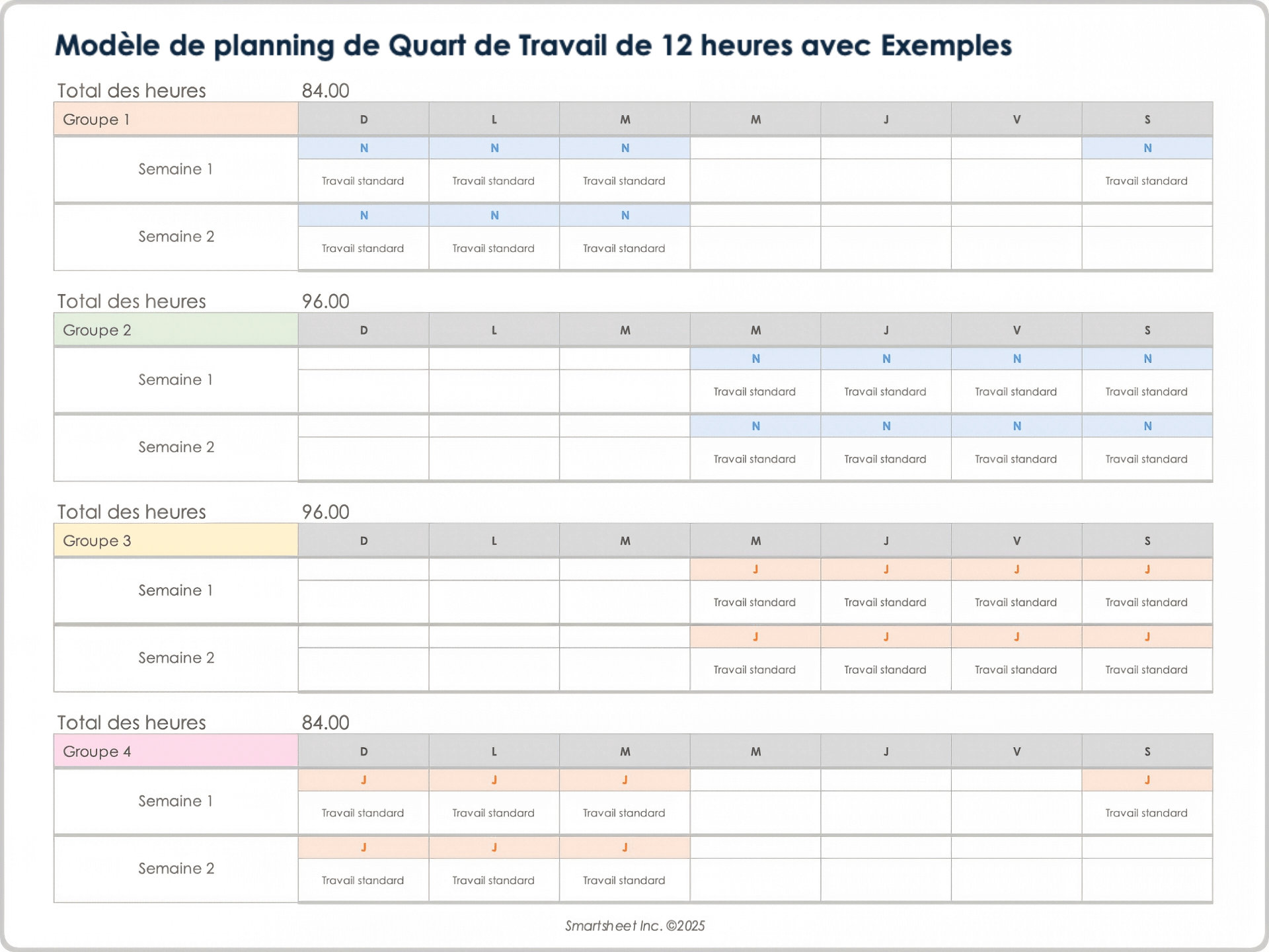 Modèle de planning de quart de travail de 12 heures